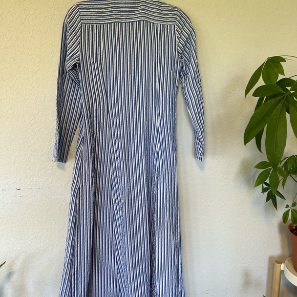 Blue & White Stripped Tie Front Maxi Shirt Dress, Coastal Chic Button Down Dress - Picture 7 of 11
